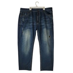 Knockout Jeans Mens 38x28 Straight Fit Distressed Dark Wash Denim Blue Jeans